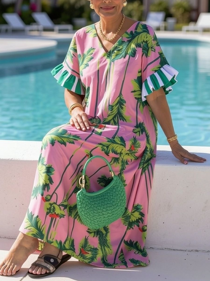 Pink Tropical Print Ruffle Sleeve Maxi Caftan Dress