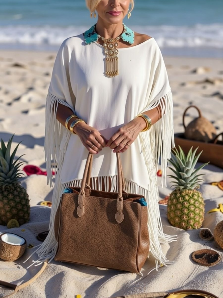 White Fringe Off Shoulder Poncho Top