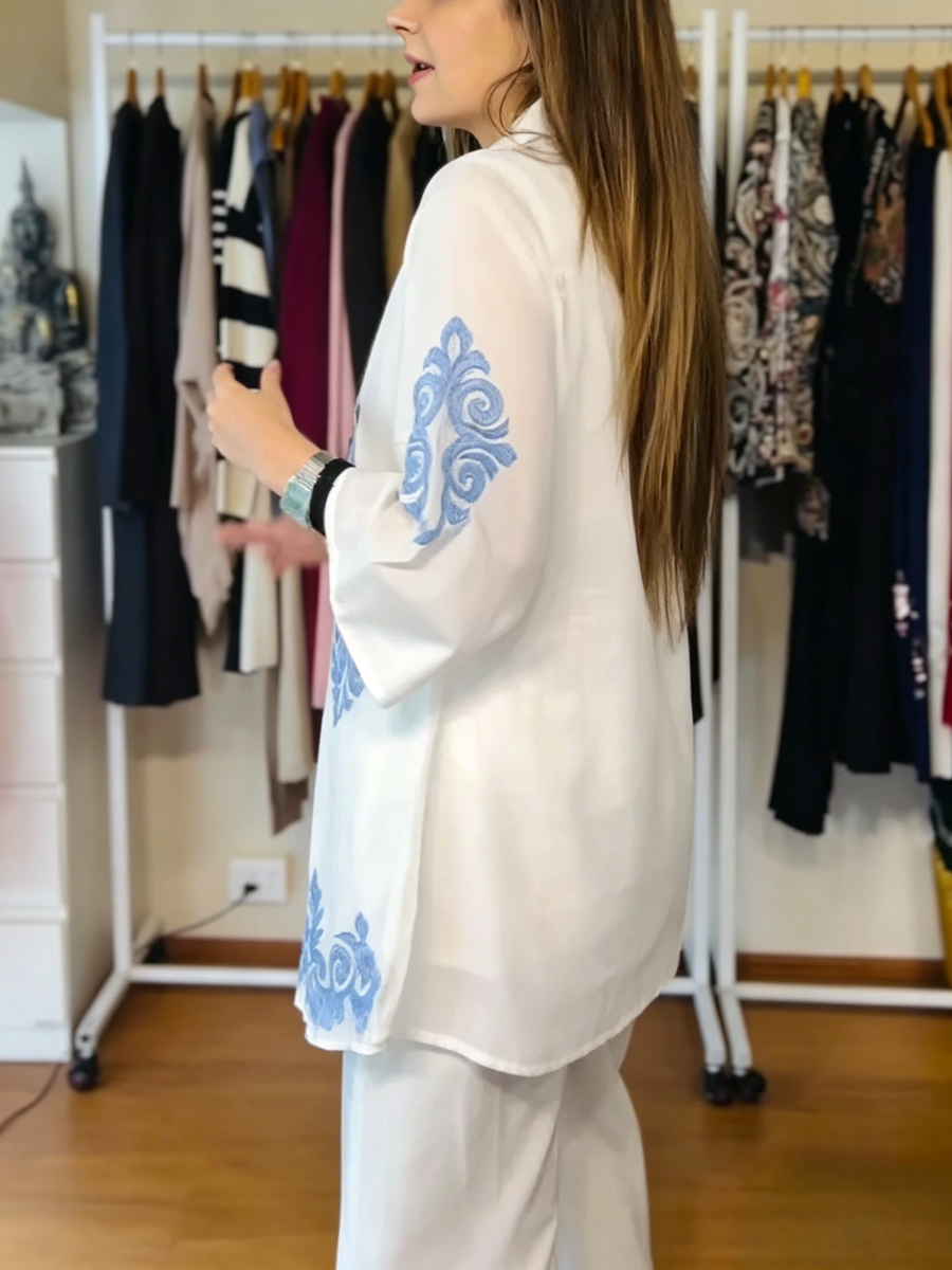 White & Blue Embroidered Co-Ord Set