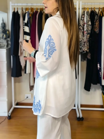 White & Blue Embroidered Co-Ord Set