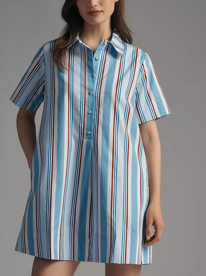 Blue Red Stripe Short Sleeve Shirt Dress