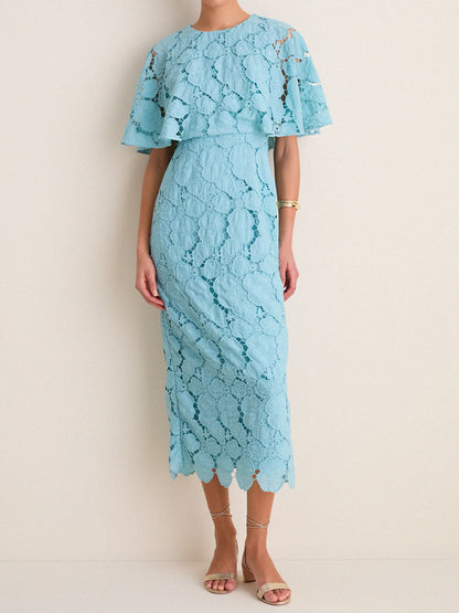 Eyelet Cutout Cape Sleeves Elegant Maxi Dress