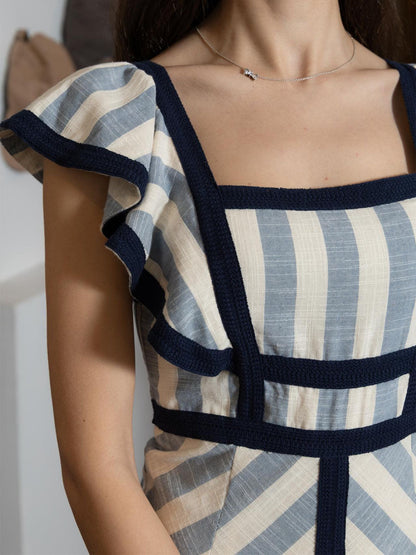 Square Neck Striped Print Elegant Ruffle Dress