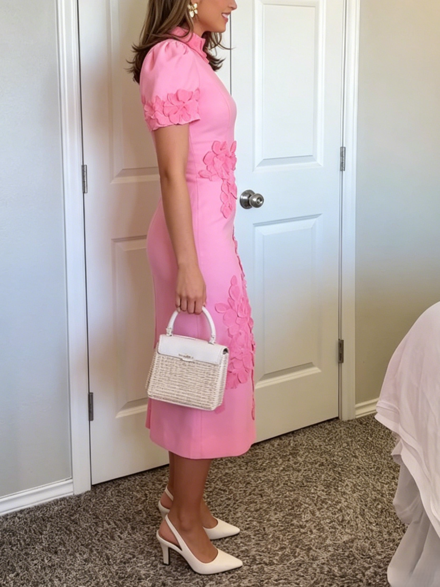 High Neck Puff Sleeve Bodycon Dress