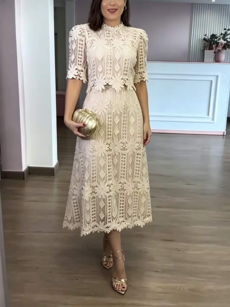 High Collar Floral Lace Carmé Dress