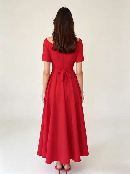 Red Off Shoulder Belted Midi Party Dress