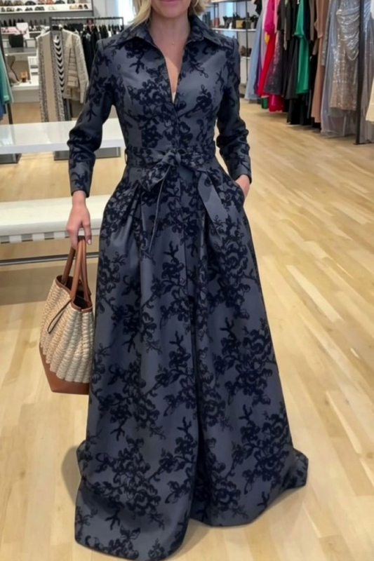Grey Floral Flocked Belted Maxi Shirt Dress