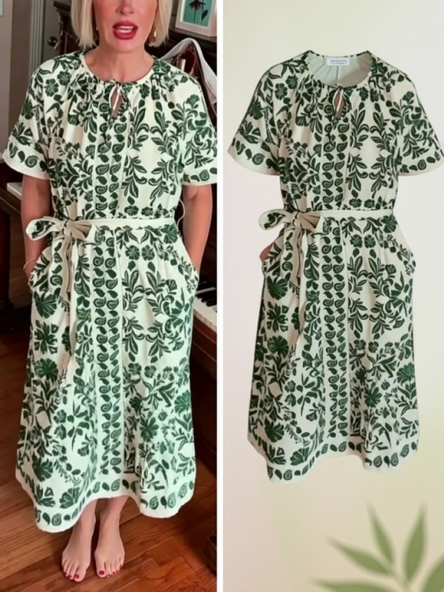 Green Botanical Print Tie Waist Midi Dress