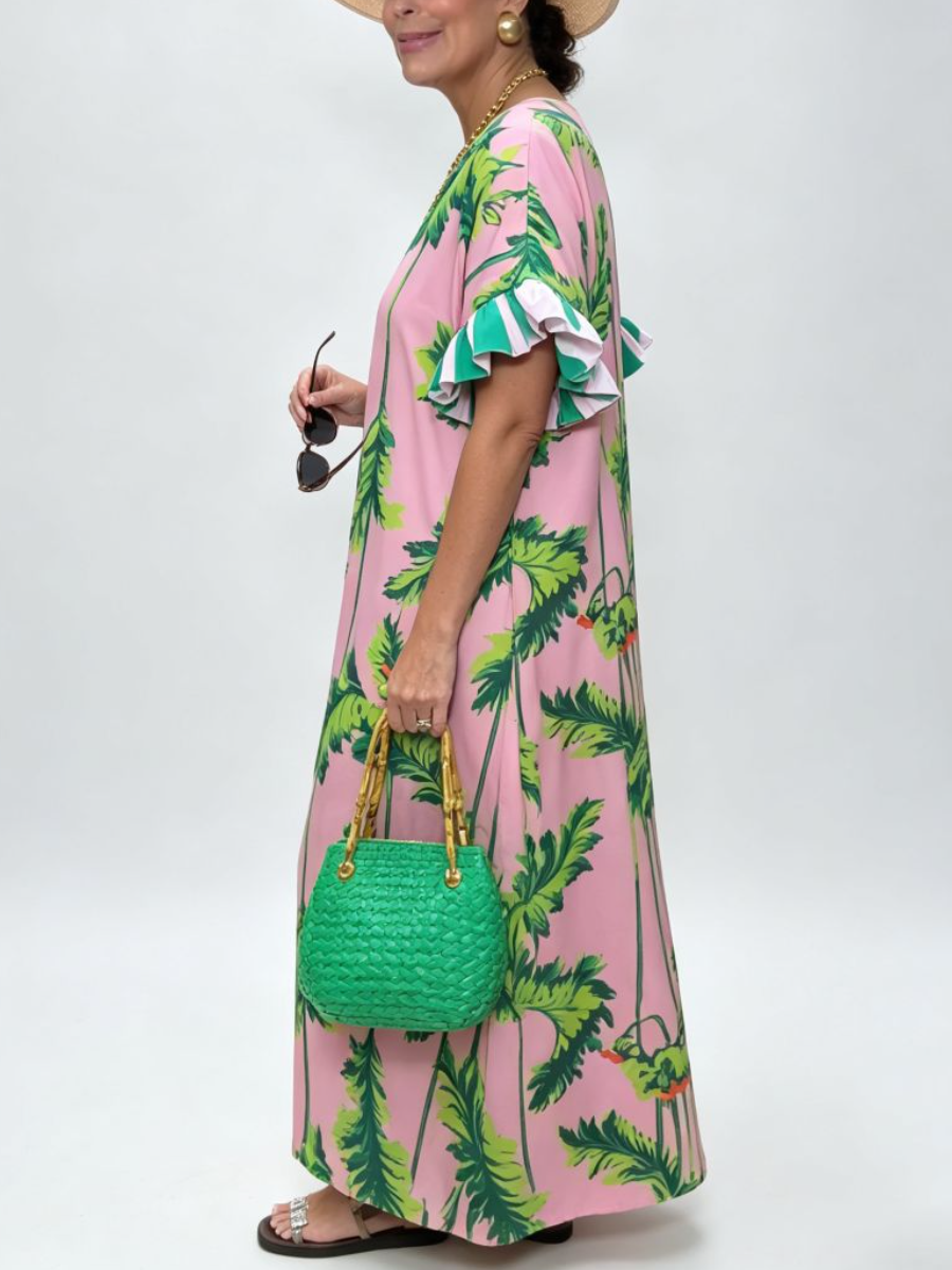 Pink Tropical Print Ruffle Sleeve Maxi Caftan Dress