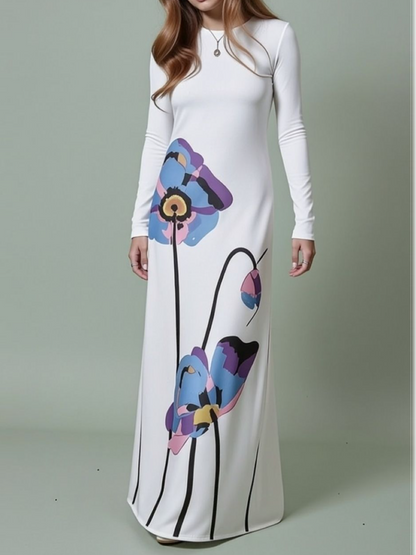 Abstract Floral Print White Maxi Dress