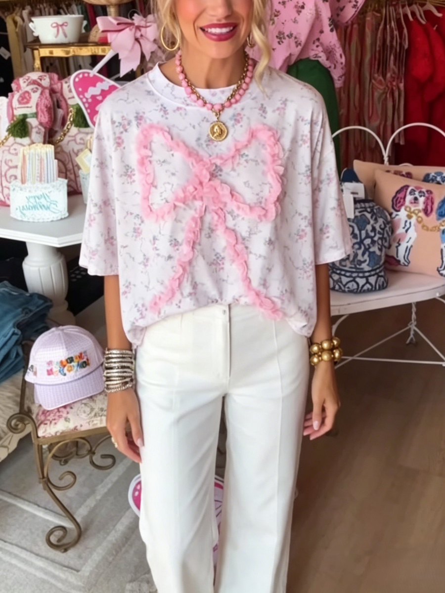 Ditsy Floral Pink Fringe Bow Oversized Casual T-Shirt