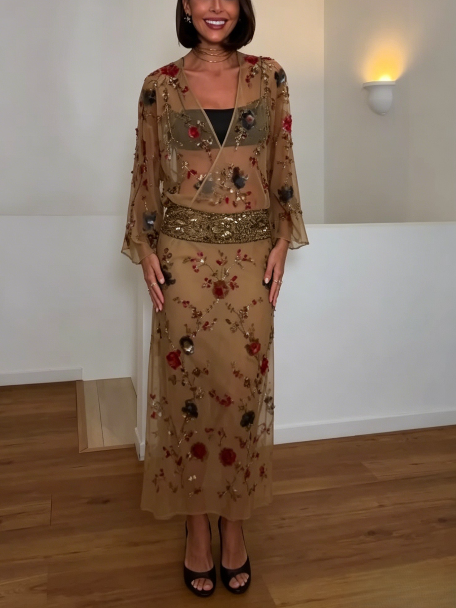 Floral Embellished Sheer Midi Dress