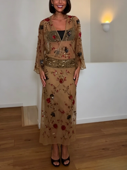 Floral Embellished Sheer Midi Dress