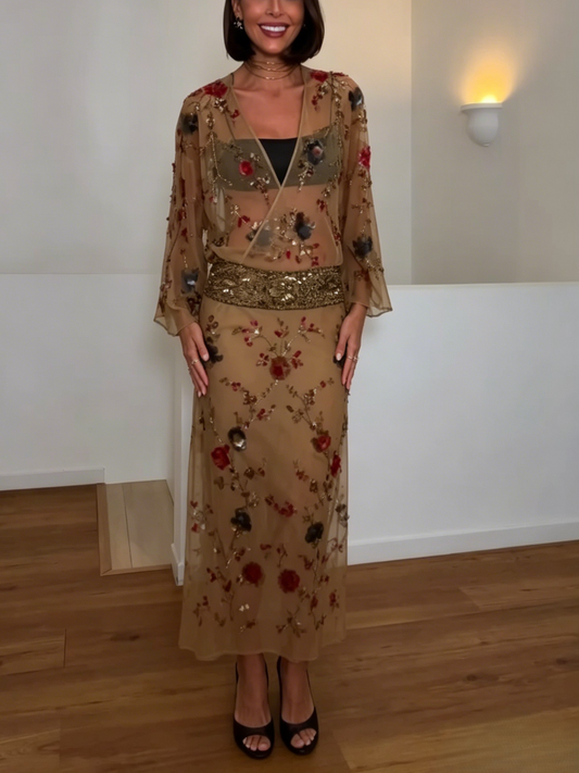 Floral Embellished Sheer Midi Dress