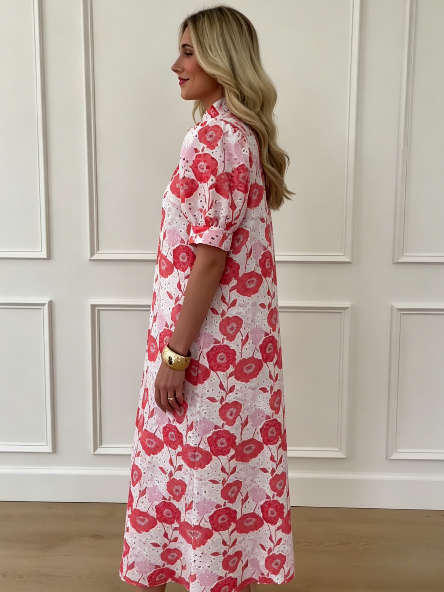 Red Pink Floral Eyelet Puff Sleeve Midi Shirt Dress
