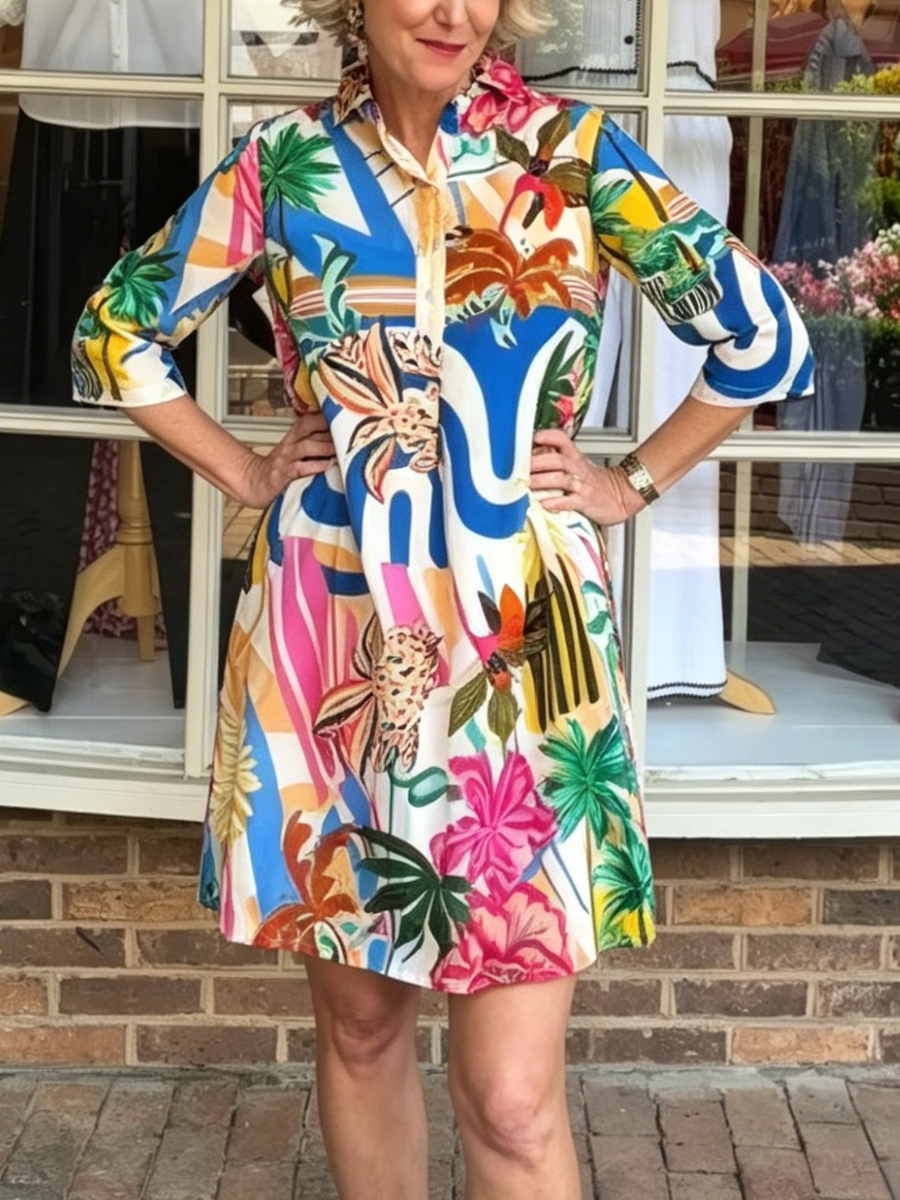 Vibrant Jungle Print Button Down Shift Mini Dress
