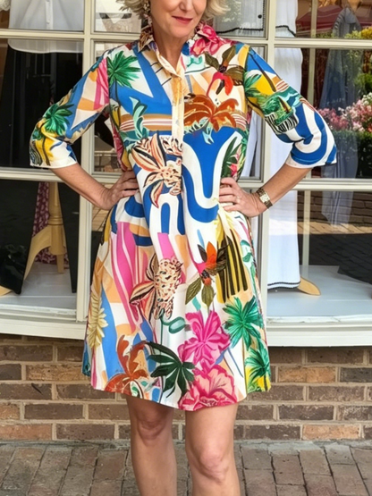 Vibrant Jungle Print Button Down Shift Mini Dress