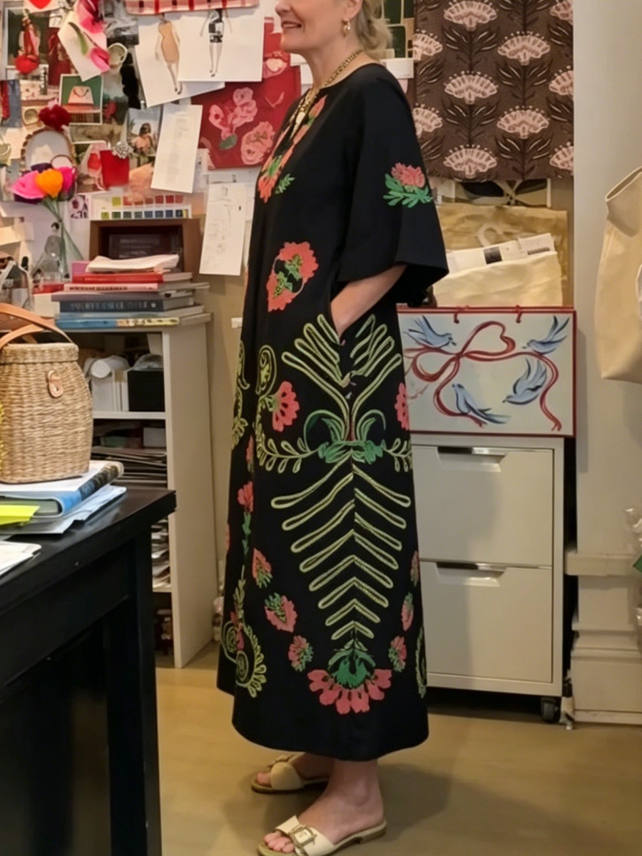 Vibrant Floral Embroidered Black Maxi Dress