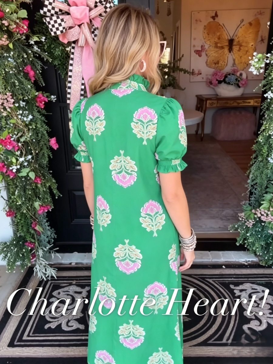 Green Pink Floral Ruffle Puff Sleeve Midi Shirt Dress