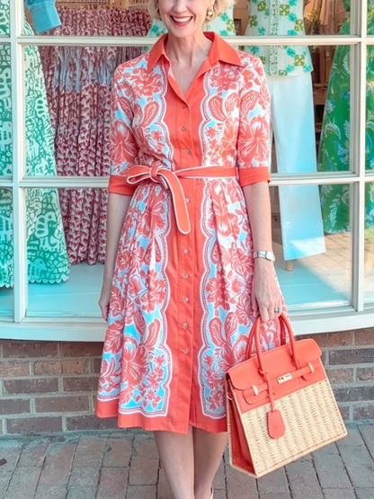 Vintage Tropical Print Waist Tie Flare Hem Shirt Dress
