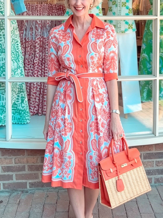 Vintage Tropical Print Waist Tie Flare Hem Shirt Dress