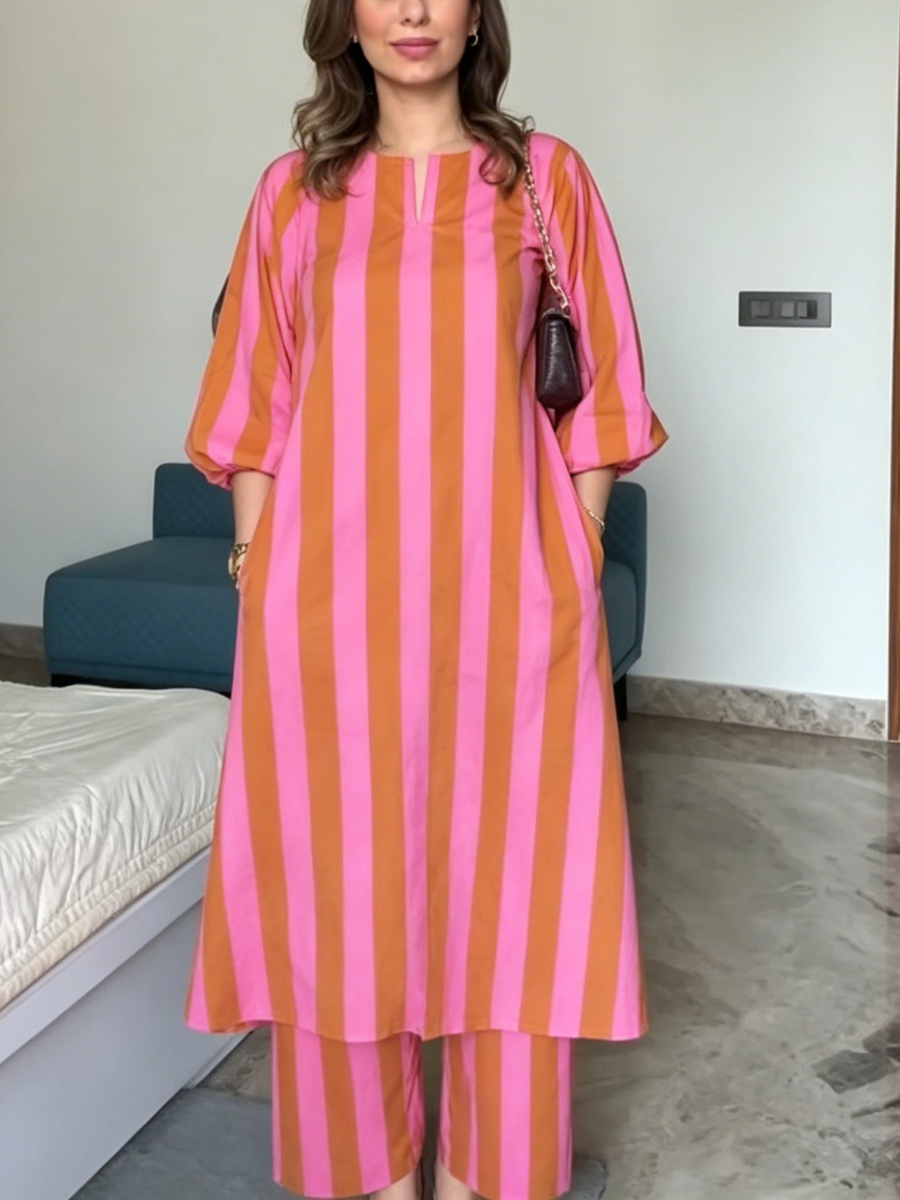 Striped Puff Sleeve Midi Tunic & Straight Pant Co Ord Set