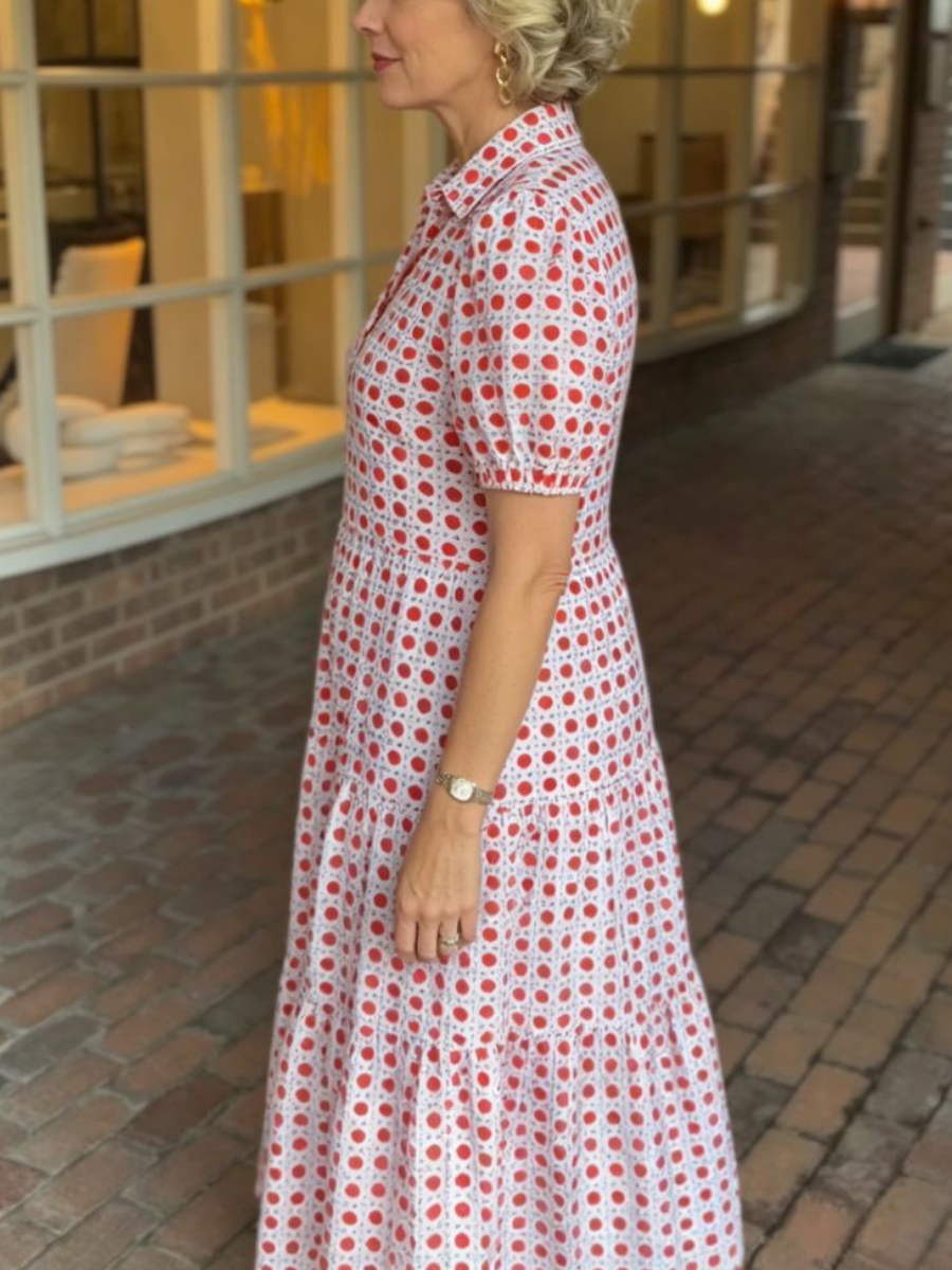 Red Polka Dot Collar Tiered Midi Dress