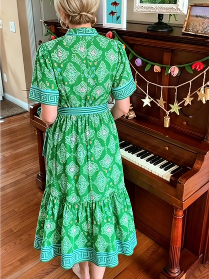 Green Greek Key Print Belted Midi Caftan Dress