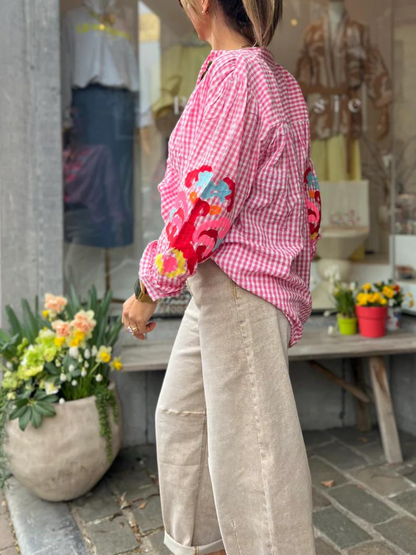 Premium Pink Gingham Embroidered Blouse