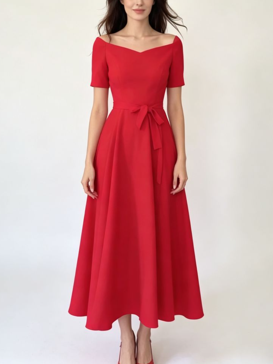 Red Off Shoulder Belted Midi Party Dress