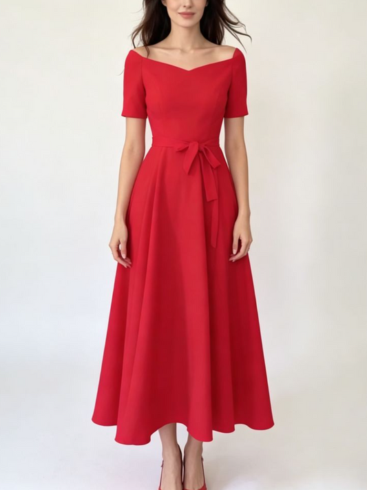Red Off Shoulder Belted Midi Party Dress