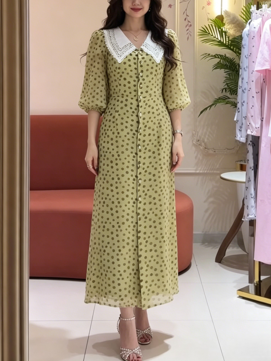 Vintage Green Polka Dot Dress With Lace Trim