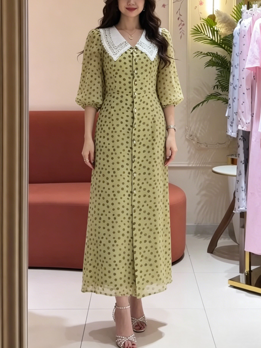 Vintage Green Polka Dot Dress With Lace Trim