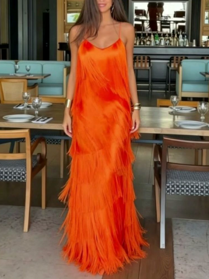 Orange Tiered Fringe Satin Maxi Dress
