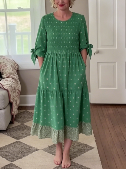 Round Neck 3/4 Sleeve Bow Cuff Floral Hem Midi Dress