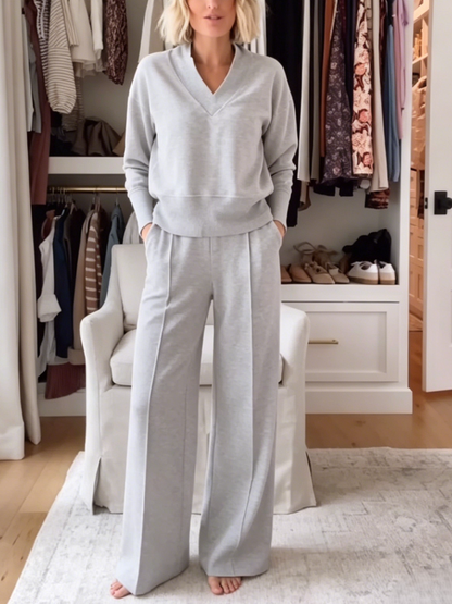 Light Gray V-Neck Loungewear Set
