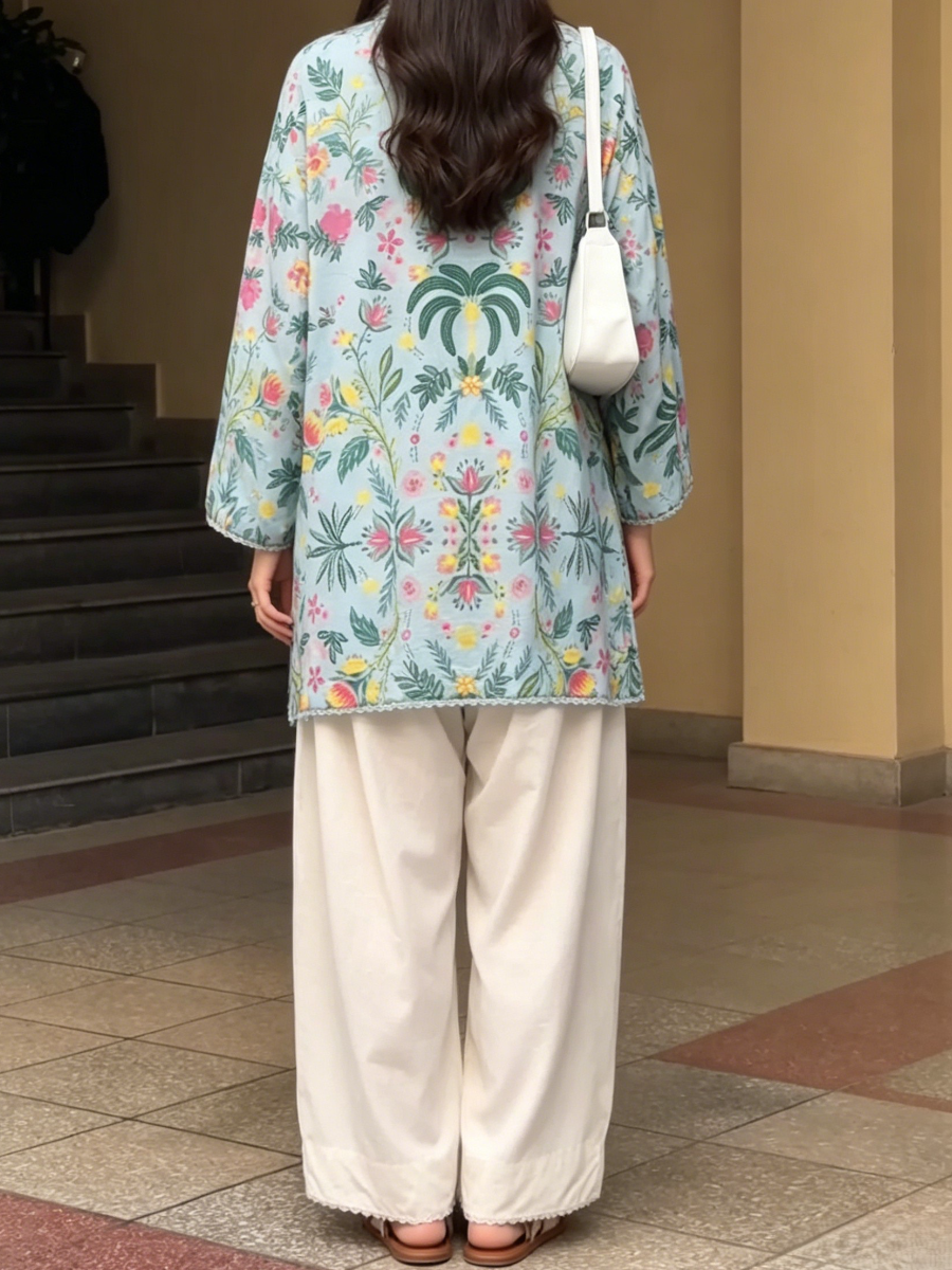 Boho Botanical Printed Scallop Edge 3/4 Sleeve Tunic Shirt