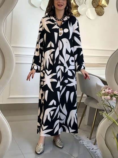 Modest Black & White Geometric Print Shirt Maxi Dress
