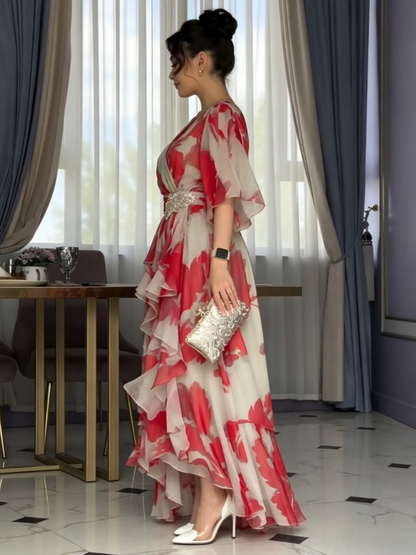 Red Floral Pleated V-Neck Dress