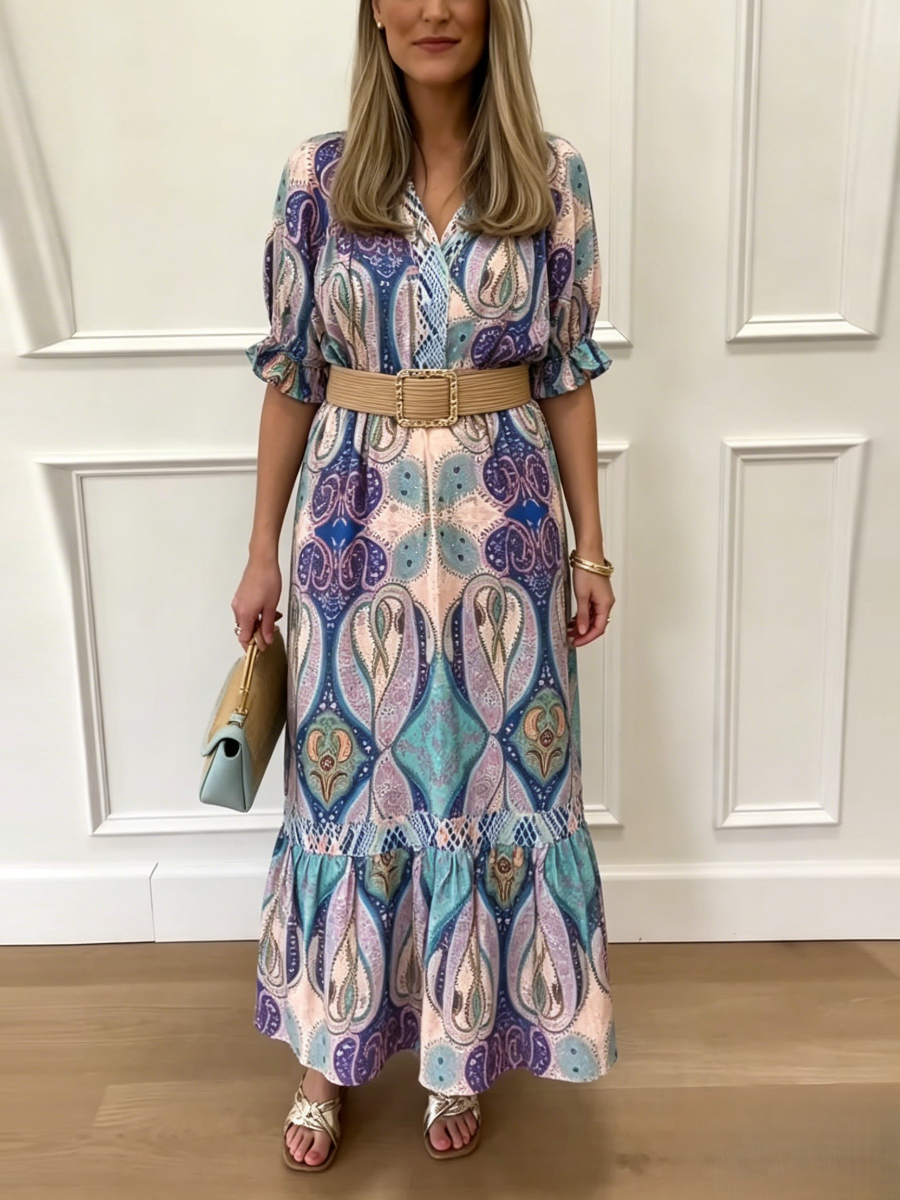 Vibrant Paisley Waist Belted Midi Dress