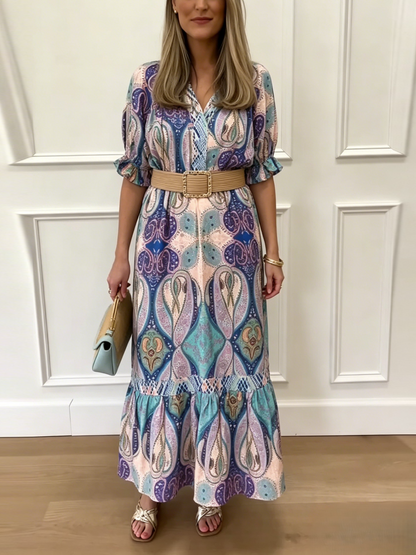 Vibrant Paisley Waist Belted Midi Dress