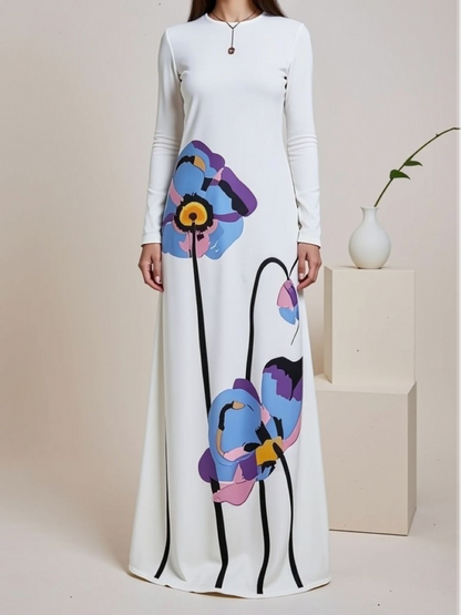 Abstract Floral Print White Maxi Dress