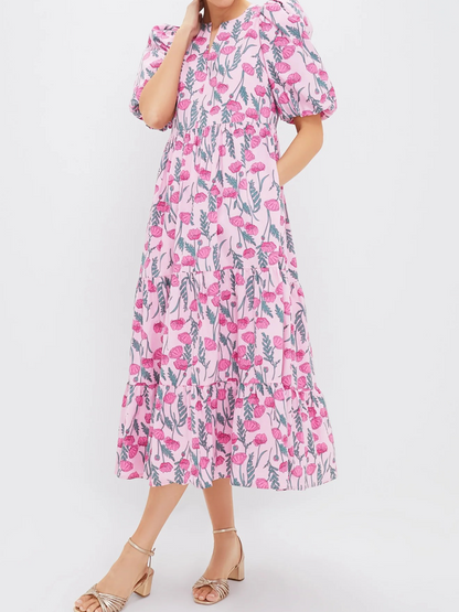 Boho Botanical Print Flowy Midi Dress