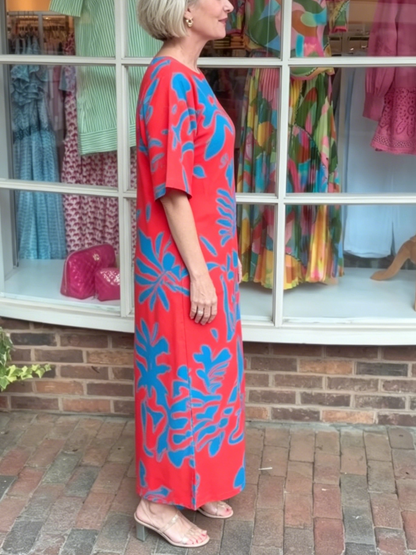 Vibrant Red & Blue Tropical Print Maxi Dress