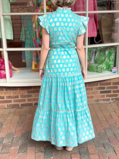 Bright Turquoise Gold Print Tiered Maxi Dress