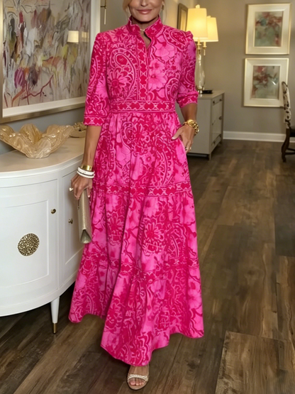 Bright Pink Printed Waistband Tiered Collared Long Dress