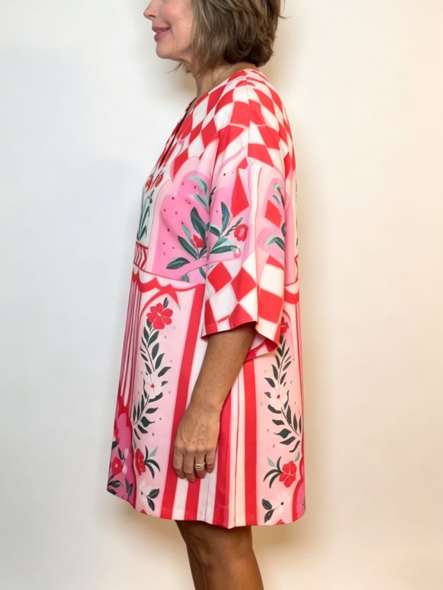 Pink Red Mixed Print V Neck Loose Mini Dress