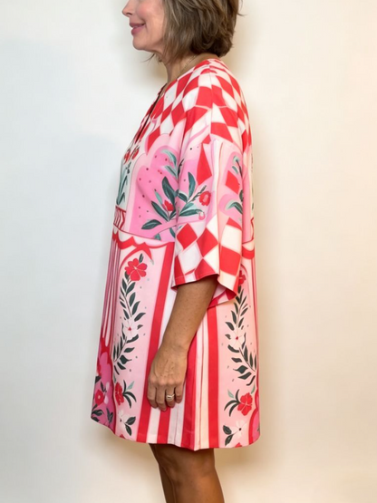 Pink Red Mixed Print V Neck Loose Mini Dress