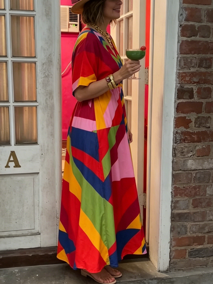 Bright Color Block Abstract Print Loose Fit Maxi Dress