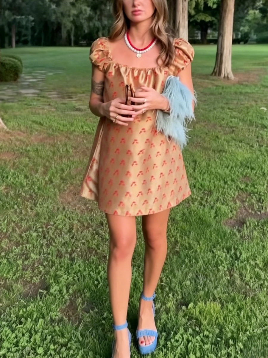 Small Bow Pattern Square Neck Puff Sleeve Satin Mini Dress